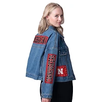 Veste en jean G-III 4Her pour femme de Carl Banks avec patchs et clous balle match Nebraska Huskers
