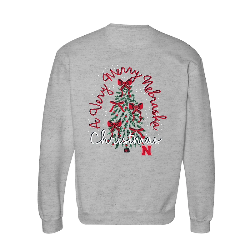 Women's Heather Gray Nebraska Huskers Classic Merry Christmas Tree Crewneck Sweatshirt