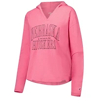 T-shirt à capuche manches longues et col en V rose Nebraska Huskers Slub pour femmes