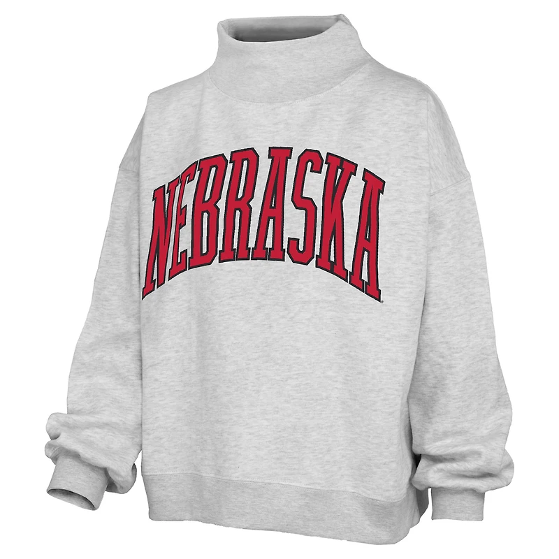 Women's Pressbox Ash Nebraska Huskers Oversized Nelson Mock Neck Sweatshirt