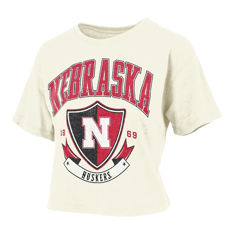 Women's Pressbox Cream Nebraska Huskers Buckler Vintage Cropped T-Shirt