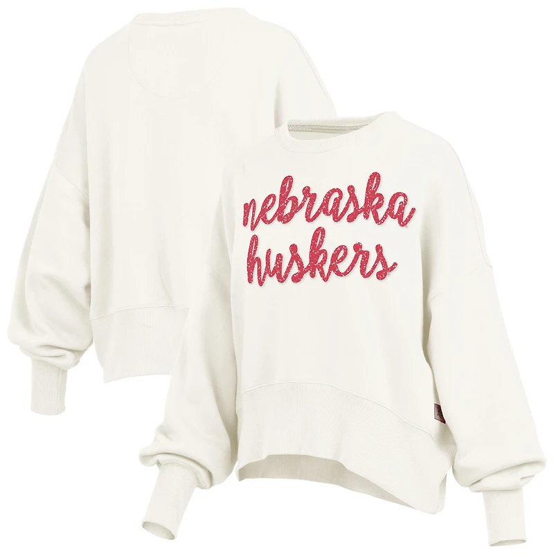 Women's Pressbox Cream Nebraska Huskers Oversized Chelsea Waist Length Pullover Sweatshirt