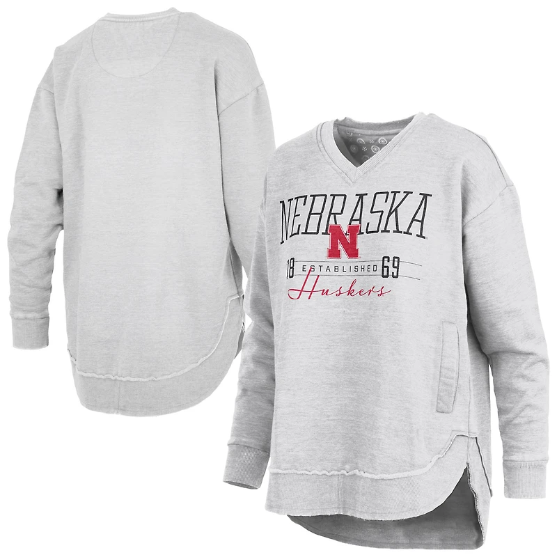 Sweat-shirt poncho à col en V pour femme Pressbox, gris chiné, Nebraska Huskers Marcus East Hall