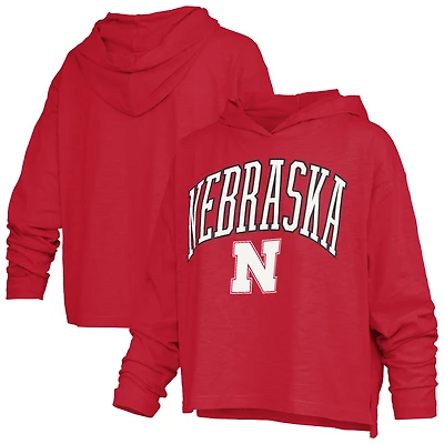 Women's Pressbox Scarlet Nebraska Huskers Nelson Arch Over Logo Long Sleeve Hooded Slub T-Shirt