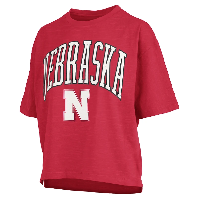 Women's Pressbox Scarlet Nebraska Huskers Nelson Arch Over Logo Waist Length Oversized Slub T-Shirt
