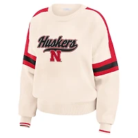 Women's WEAR by Erin Andrews  Cream Nebraska Huskers Chenille Woven Patch Stripe Pullover Sweater
