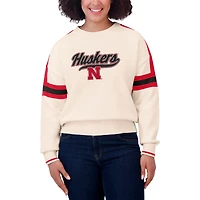 Women's WEAR by Erin Andrews  Cream Nebraska Huskers Chenille Woven Patch Stripe Pullover Sweater