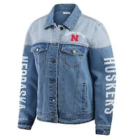 Women's WEAR by Erin Andrews Denim Nebraska Huskers Sleeve Hit Colorblock Button-Down Jacket