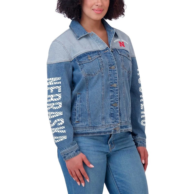 Women's WEAR by Erin Andrews Denim Nebraska Huskers Sleeve Hit Colorblock Button-Down Jacket