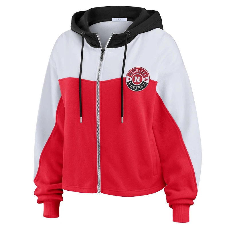 Women's WEAR by Erin Andrews Scarlet Nebraska Huskers Color-Block Full-Zip Hoodie