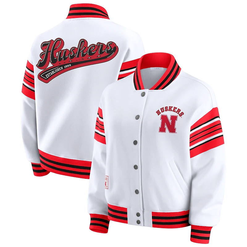 Women's WEAR by Erin Andrews White/Scarlet Nebraska Huskers Satin Stitch Full-Snap Fleece Sweatshirt Jacket