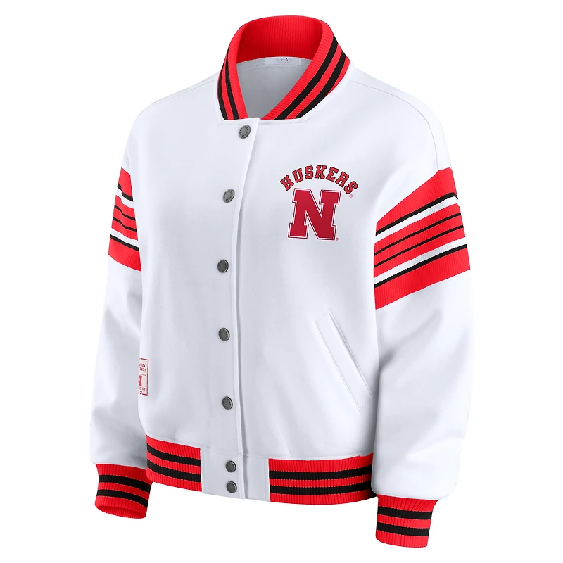 Women's WEAR by Erin Andrews White/Scarlet Nebraska Huskers Satin Stitch Full-Snap Fleece Sweatshirt Jacket
