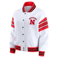 Women's WEAR by Erin Andrews White/Scarlet Nebraska Huskers Satin Stitch Full-Snap Fleece Sweatshirt Jacket