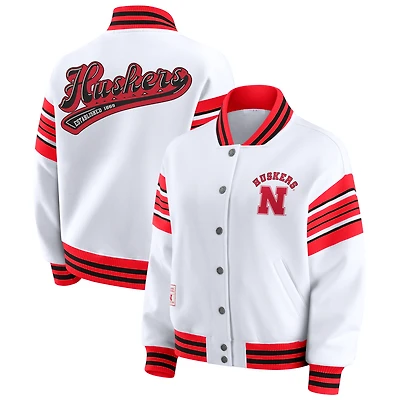 Women's WEAR by Erin Andrews White/Scarlet Nebraska Huskers Satin Stitch Full-Snap Fleece Sweatshirt Jacket