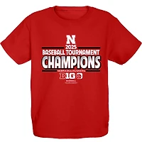 T-shirt bleu 84 Scarlet Nebraska Huskers pour jeunes, champions du tournoi de la conférence baseball Big Ten 2025, vestiaire