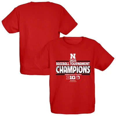 T-shirt bleu 84 Scarlet Nebraska Huskers pour jeunes, champions du tournoi de la conférence baseball Big Ten 2025, vestiaire
