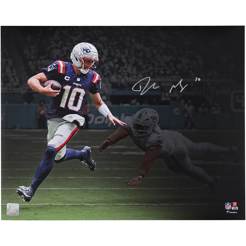 Drake Maye New England Patriots Autographed 16" x 20" Stiff Arm vs. Dolphins Spotlight Photograph