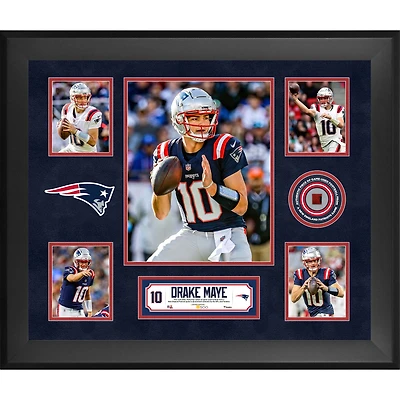 Collage encadré de 5 photos de Drake Maye (New England Patriots) 20" x 24" avec un morceau de ballon de football américain utilisé lors d'un match - Édition limitée à 500 exemplaires