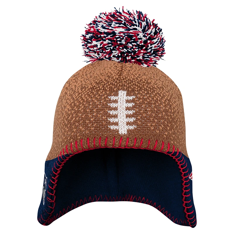 Bonnet tricoté marron pour bébé avec pompon et motif de football des New England Patriots