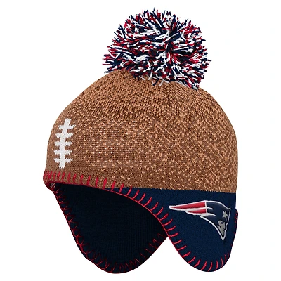 Bonnet tricoté marron pour bébé avec pompon et motif de football des New England Patriots