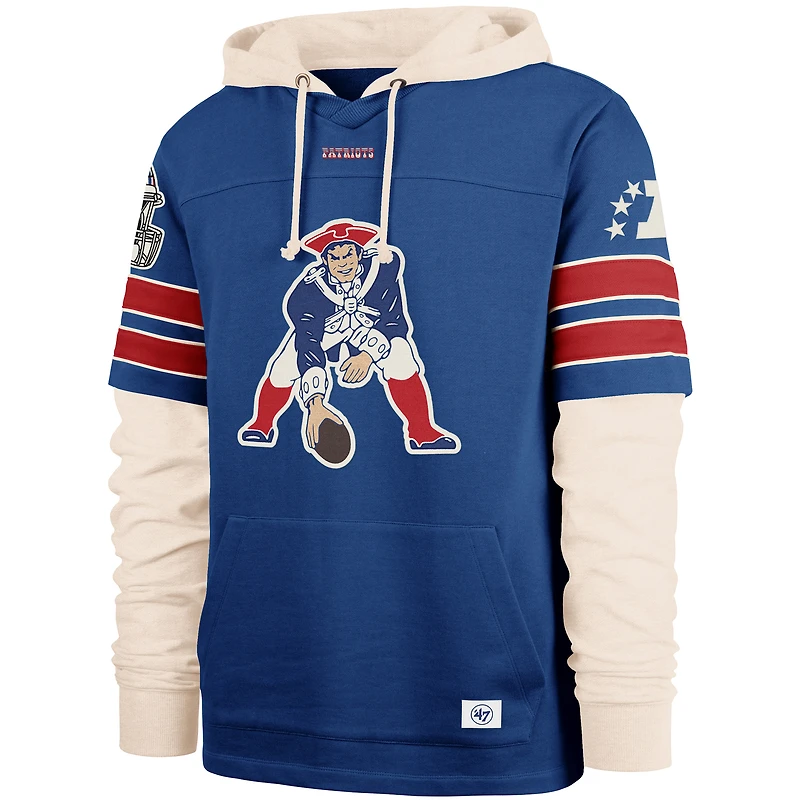 Men's '47  Blue New England Patriots Throwback Split Zone Cornerback Duo Hoodie