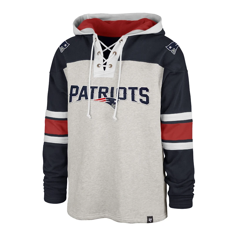 Men's '47 New England Patriots Heather Gray Gridiron Lace-Up Pullover Hoodie