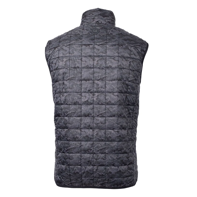 Men's Cutter & Buck Black New England Patriots Throwback Logo Rainier Eco Insulated Printed Full-Zip Puffer Vest