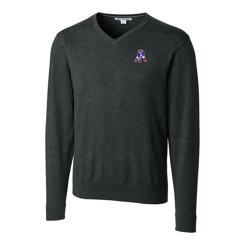 Pull à col en V pour homme, couleur anthracite chiné, coupe Cutter & Buck, logo rétro des New England Patriots, Lakemont Tri-Blend, grandes tailles
