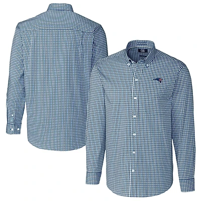 Chemise boutonnée à manches longues pour homme, bleu marine, coupe Cutter & Buck, New England Patriots, facile d'entretien, extensible, vichy, grande taille