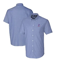 Chemise boutonnée à manches courtes en tissu Oxford extensible bleu poudré pour homme, avec logo rétro des New England Patriots, Cutter & Buck