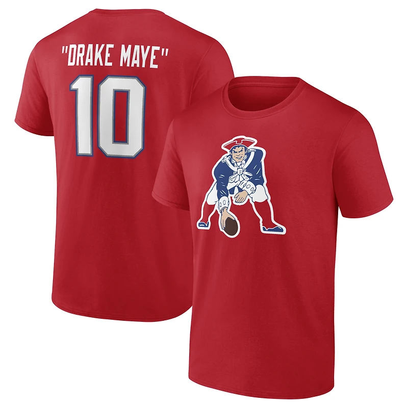 Men's Fanatics Drake Maye Red New England Patriots Team Authentic Throwback Player Nickname Name & Number T-Shirt