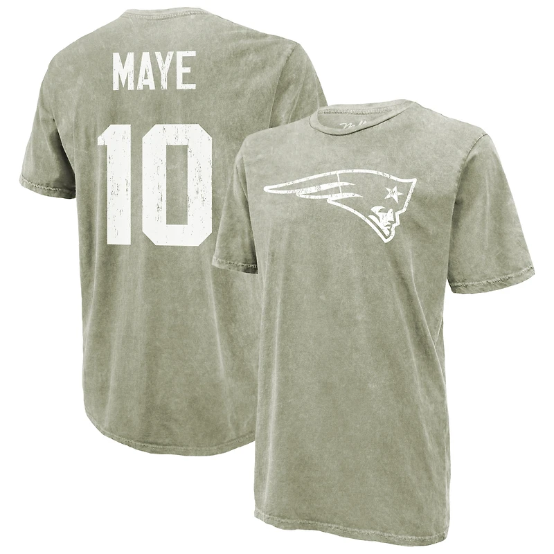 T-shirt Majestic Threads Drake Maye vert mousse New England Patriots, délavage minéral, nom et numéro
