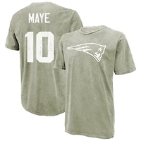 T-shirt Majestic Threads Drake Maye vert mousse New England Patriots, délavage minéral, nom et numéro