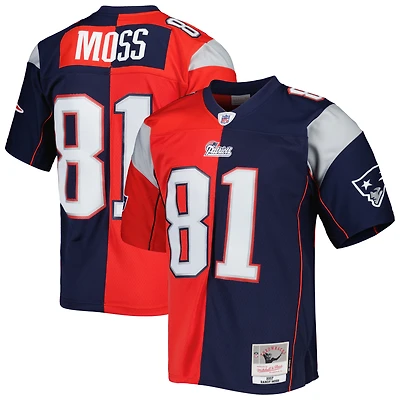 Maillot réplique Mitchell & Ness Randy Moss bleu marine/rouge des New England Patriots 2007 Split Legacy pour hommes
