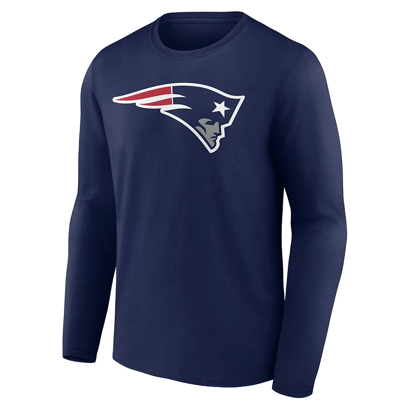 T-shirt à manches longues authentique pour homme, bleu marine, des New England Patriots, personnalisé avec nom et numéro.