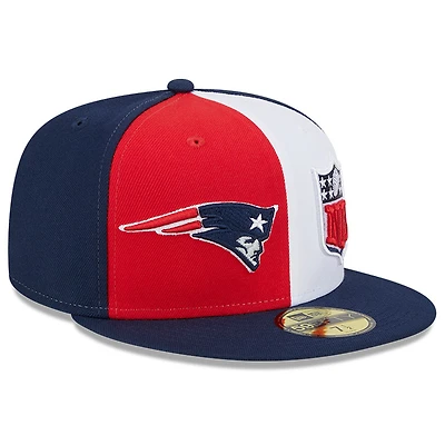 Casquette ajustée 59FIFTY Sideline des Patriots de la Nouvelle-Angleterre 2023 New Era pour homme, rouge/bleu marine