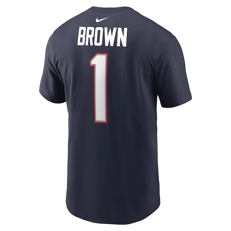 T-shirt Nike A.J. Brown bleu marine des New England Patriots pour homme, avec nom et numéro