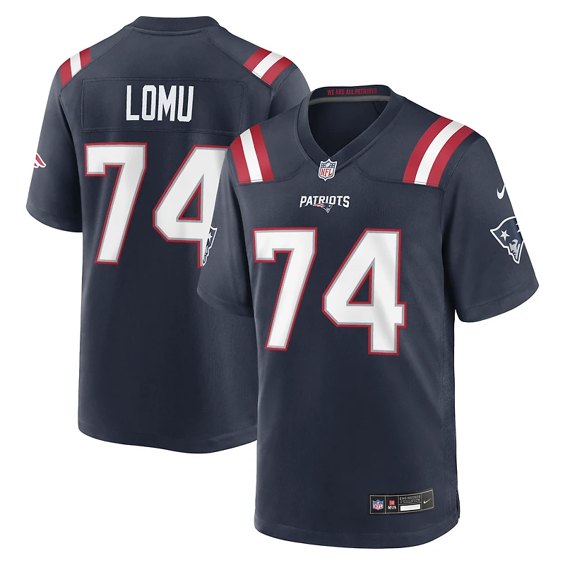 Maillot de match Nike Caleb Lomu bleu marine des New England Patriots, choix premier tour du repêchage NFL 2026, numéro 28