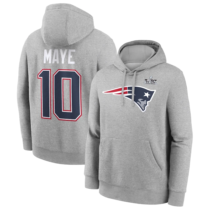 Sweat à capuche Nike Drake Maye Heather Gray New England Patriots Super Bowl LX avec écusson nom et numéro pour homme