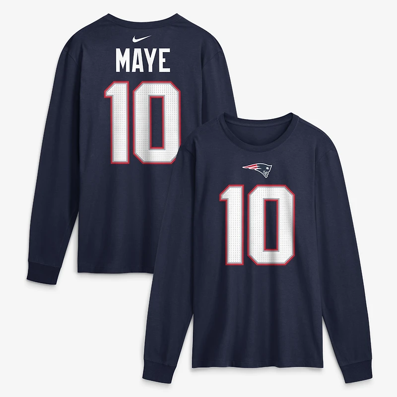 T-shirt à manches longues Nike Drake Maye bleu marine New England Patriots pour homme, avec nom et numéro
