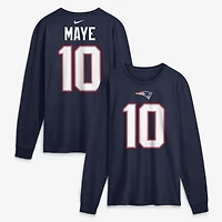 T-shirt à manches longues Nike Drake Maye bleu marine New England Patriots pour homme, avec nom et numéro