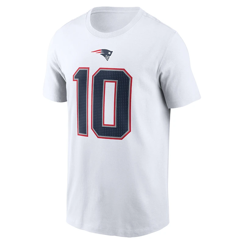 T-shirt Nike Drake Maye pour homme avec nom et numéro de joueur des New England Patriots blanc