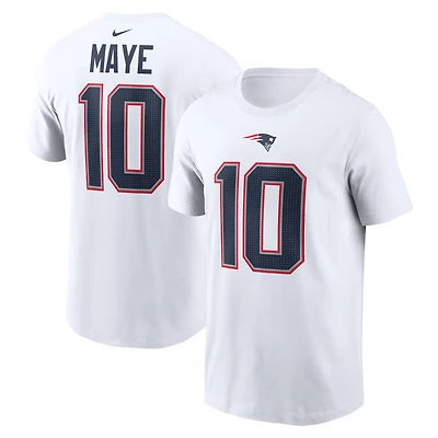 T-shirt Nike Drake Maye pour homme avec nom et numéro de joueur des New England Patriots blanc