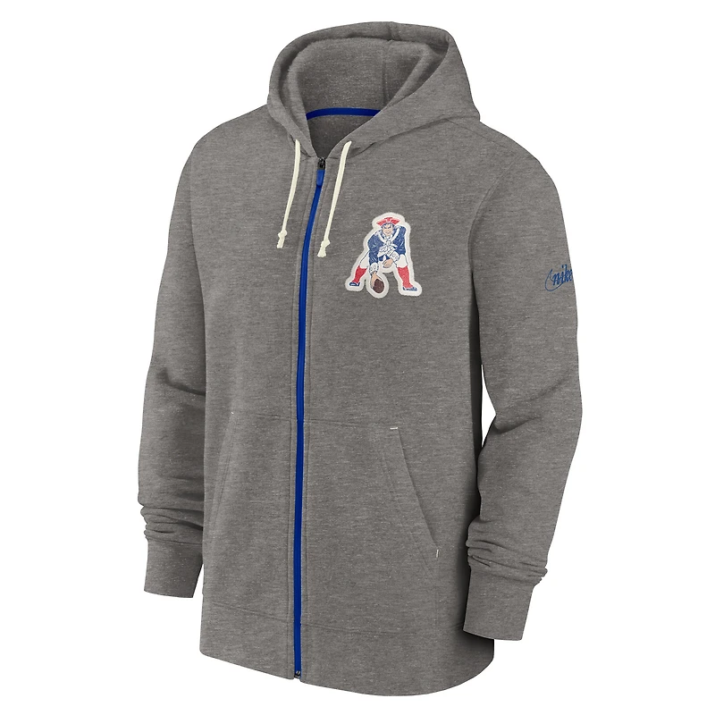 Sweat à capuche entièrement zippé Nike Heather Charcoal New England Patriots Historic Lifestyle pour homme