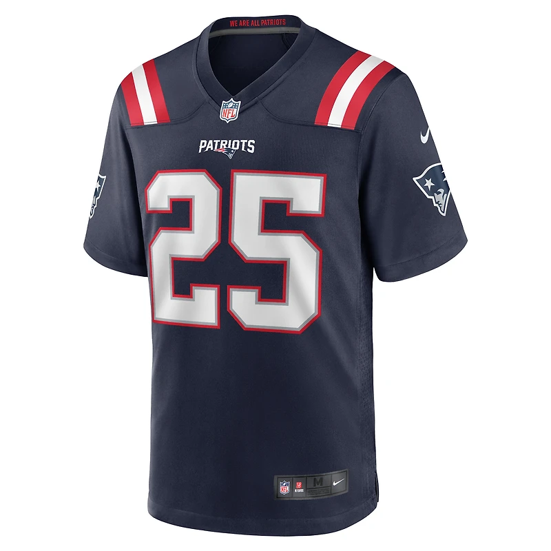Maillot de joueur match Nike Marcus Jones des New England Patriots pour homme, bleu marine