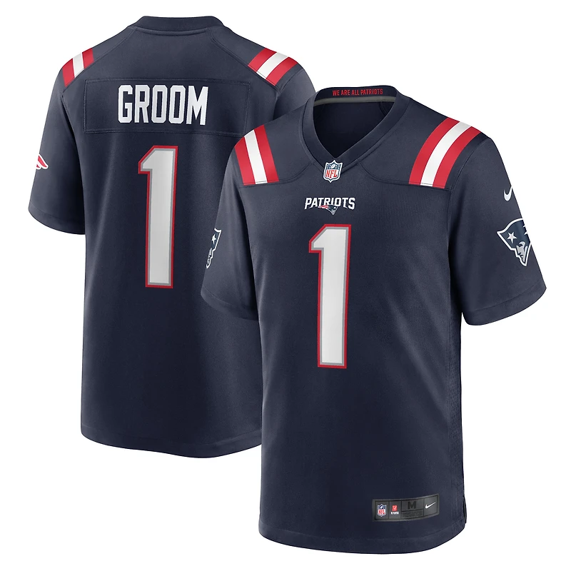 Maillot de match Nike numéro 1 Groom bleu marine des New England Patriots pour hommes