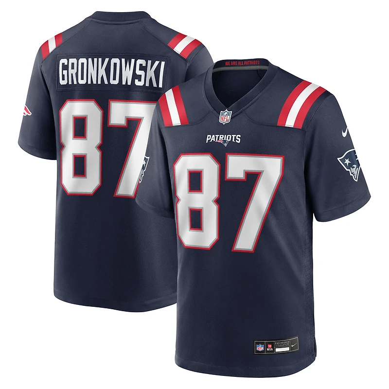 Maillot de match Nike Rob Gronkowski bleu marine des New England Patriots, joueur retraité