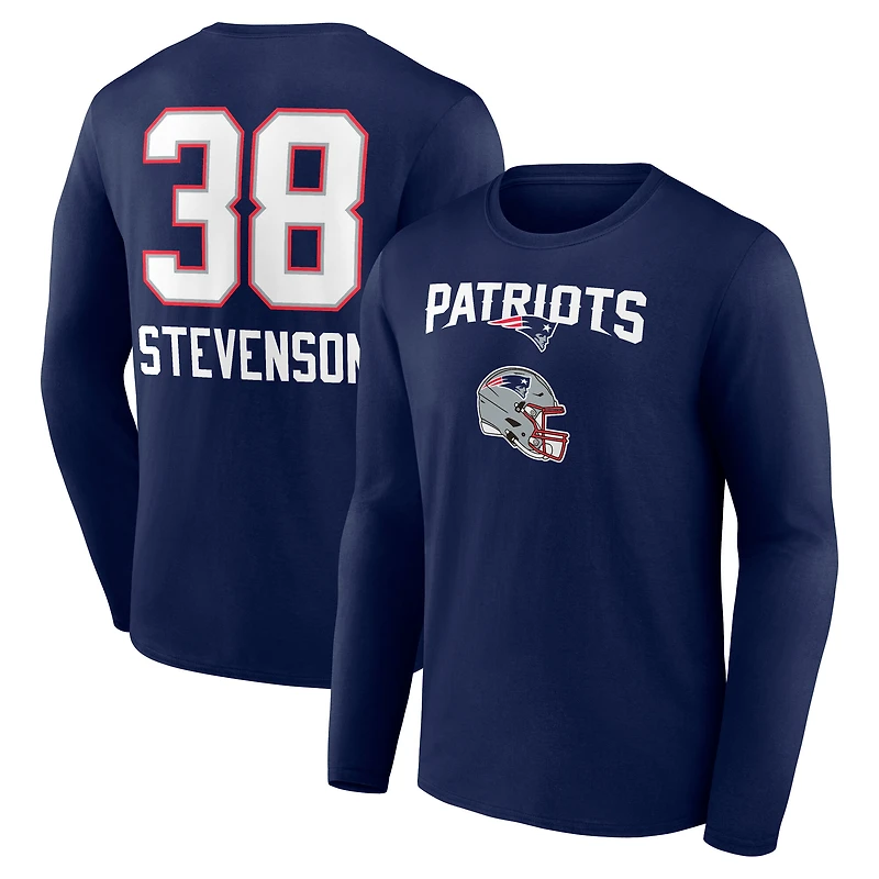 Men's Rhamondre Stevenson Navy New England Patriots Team Wordmark Name & Number Long Sleeve T-Shirt