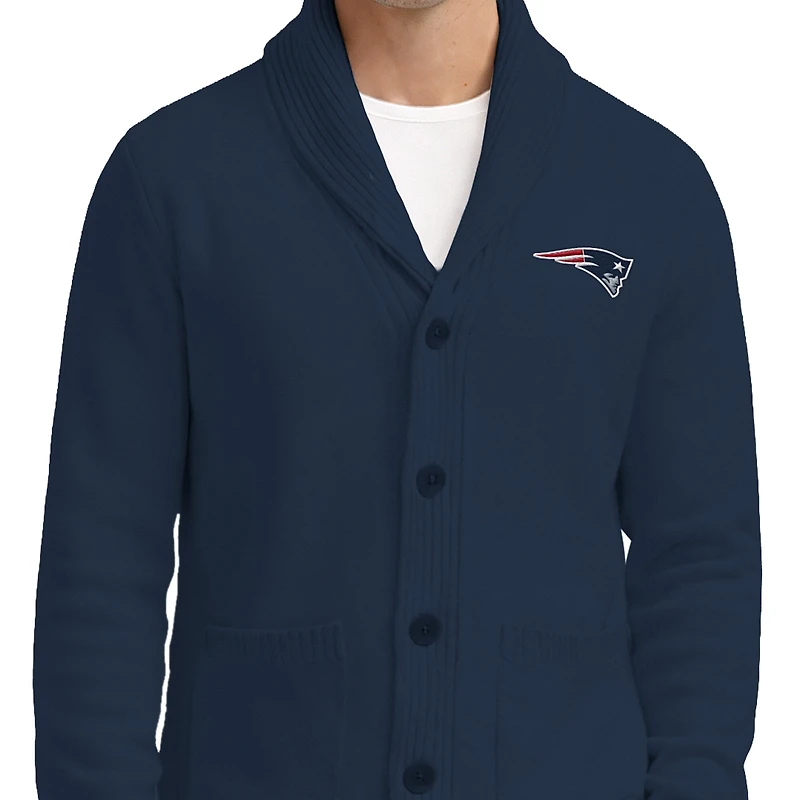 Men's Starter Navy New England Patriots Shawl Collar Heavy Knit Cardigan Sweater