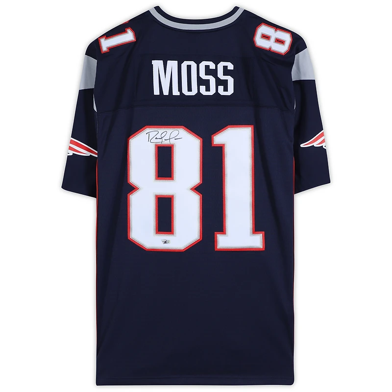 Maillot Mitchell & Ness Legacy bleu marine autographié par Randy Moss des New England Patriots